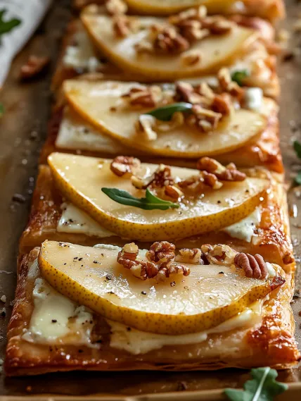 Slices of pizza with apples and walnuts.