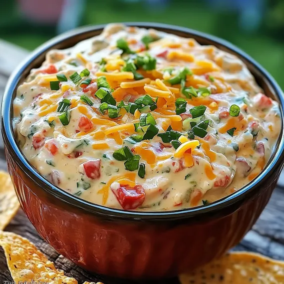 A bowl of cheese and tomato dip.