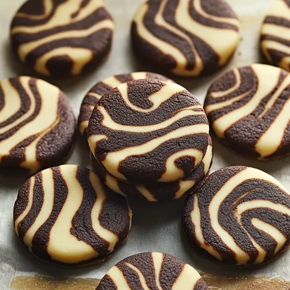 Chocolate and white cookies on a tray.