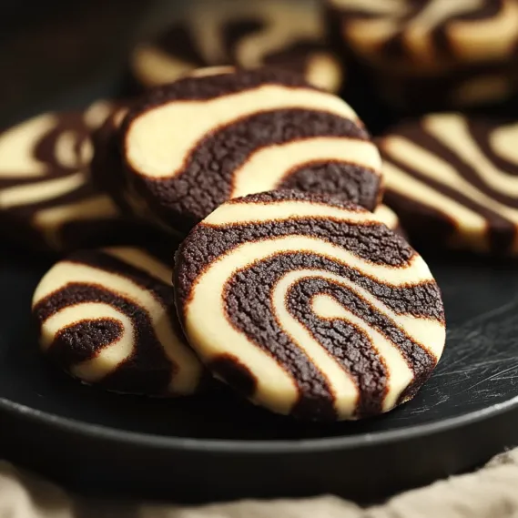 A plate of cookies with a black and white striped pattern.