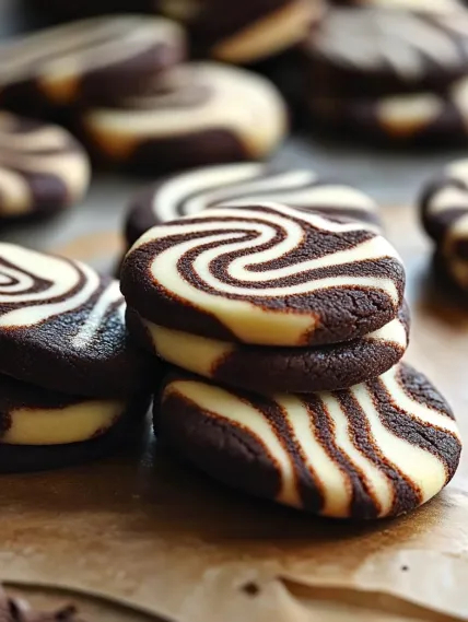 A stack of cookies with swirls on them.