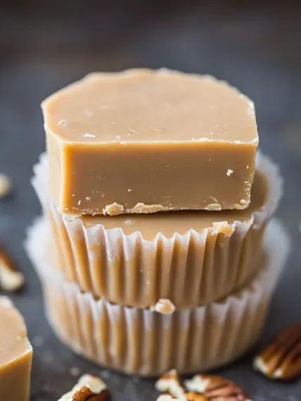 A stack of three cupcakes with caramel frosting.