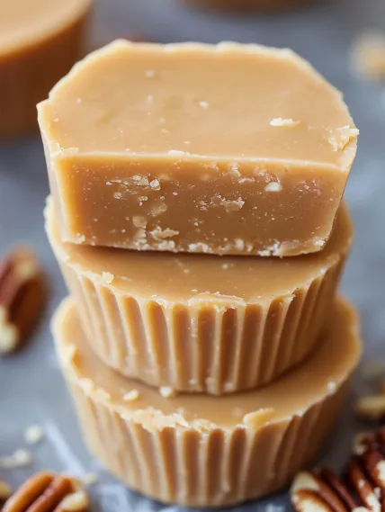 Three stacks of brown candies.