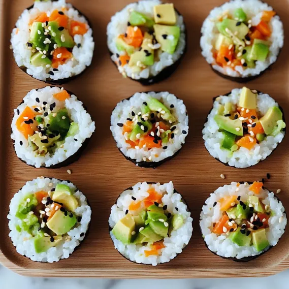 A tray of sushi with rice and vegetables.
