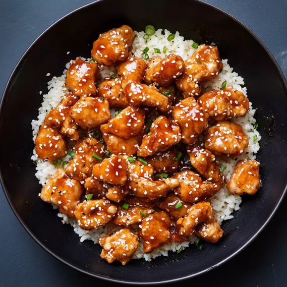 A bowl of chicken with rice.