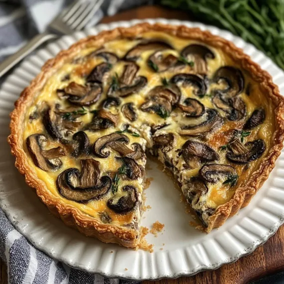 A savory slice of mushroom tart on a white plate.