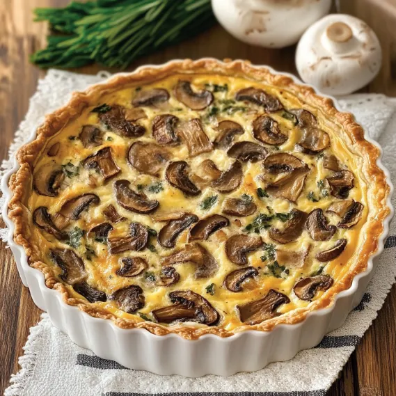 A pie with mushrooms and spinach in a white dish.
