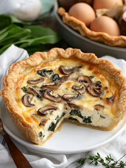 A slice of mushroom quiche.