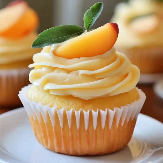 Cupcake topped with fresh peach slices.