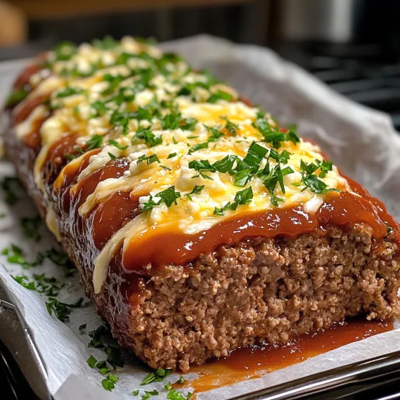 A cheesy stuffed meatloaf topped with fresh herbs.