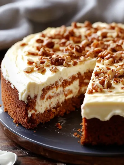 A slice of cake with walnuts.