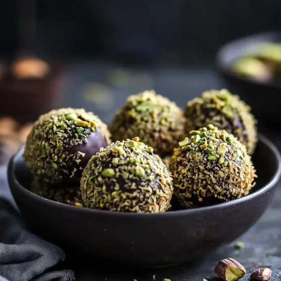 A bowl of green-topped chocolate balls.