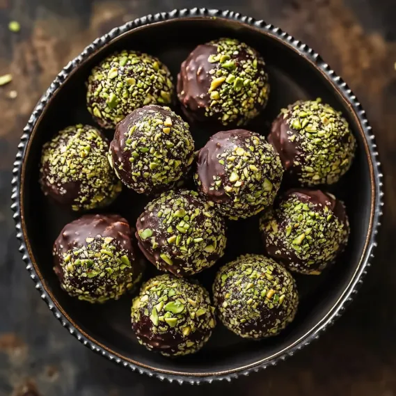 A bowl of chocolate balls with green toppings.