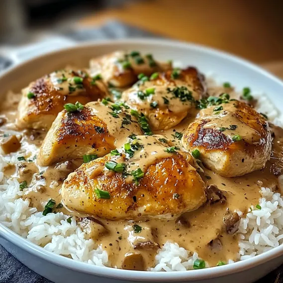 A dish with creamy rice and chicken.
