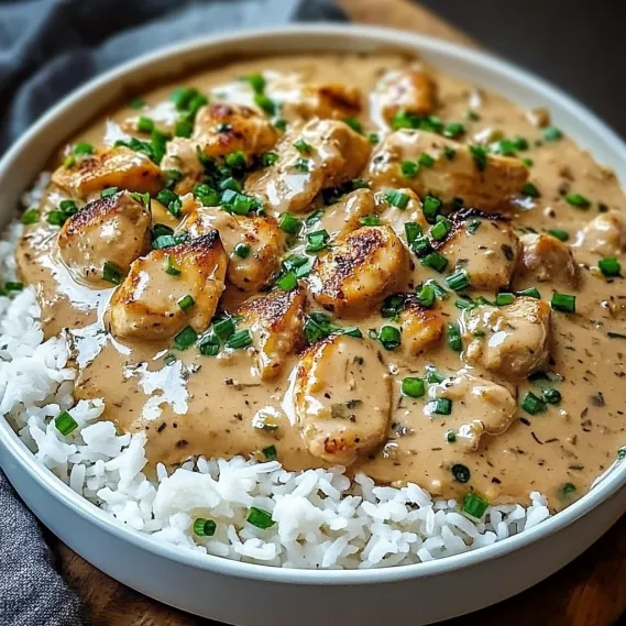 A bowl of rice with chicken and vegetables.