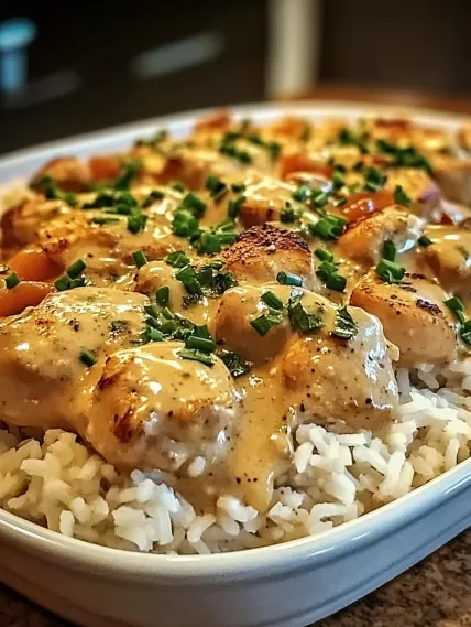 A bowl of rice with chicken and sauce.