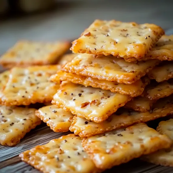 Crackers stacked on a wooden table.