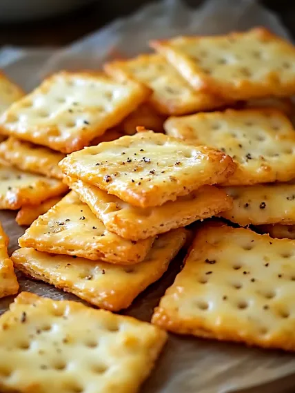 A pile of crackers on a table.