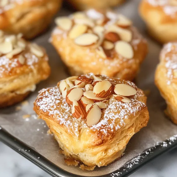 A plate topped with flaky pastries and sliced almonds.