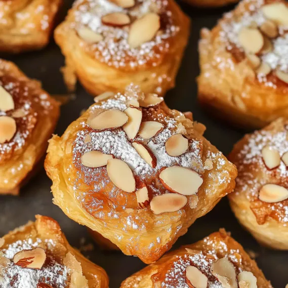 A close up of a pastry with almonds.
