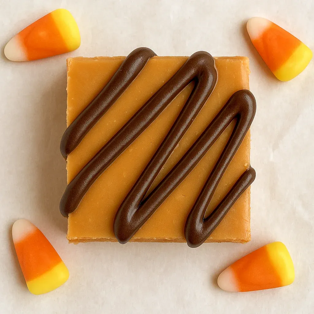 A square of caramel with chocolate stripes and candy corn.