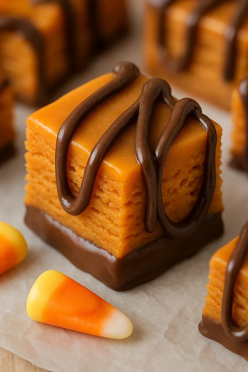 A chocolate covered candy bar with a caramel swirl.