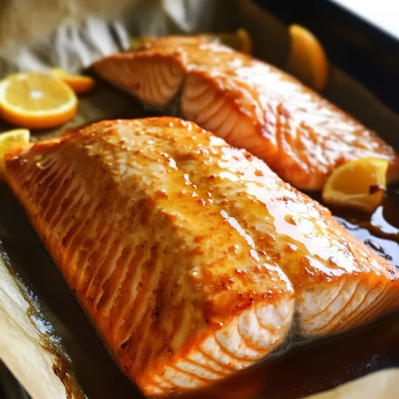 Two salmon fillets on a wooden platter.