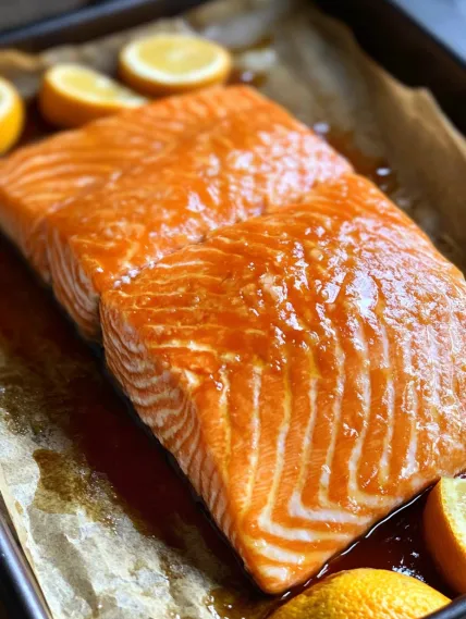 A piece of salmon with a lemon on top.