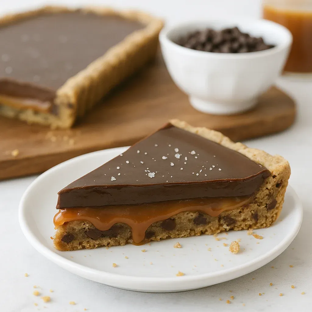 A chocolate tart slice topped with chocolate chips and sea salt.