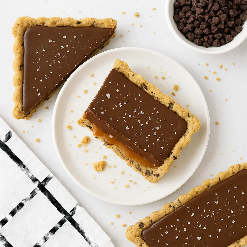 A plate with two pieces of chocolate dessert.