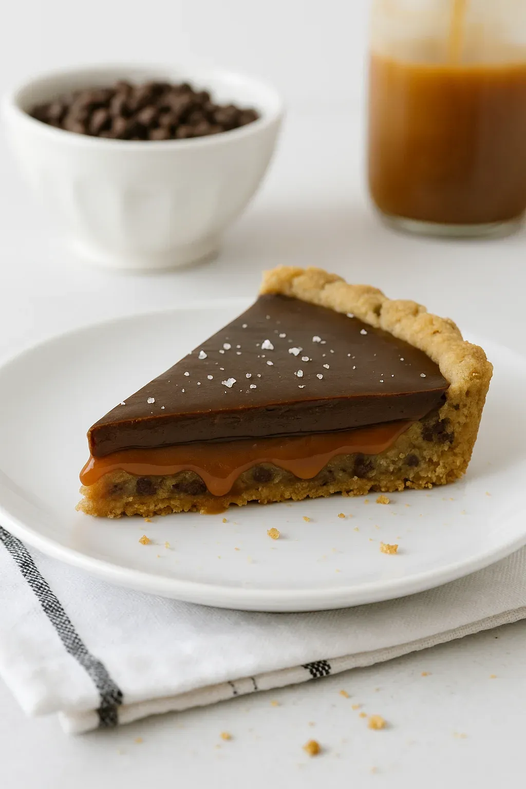 A slice of chocolate pie on a white plate.