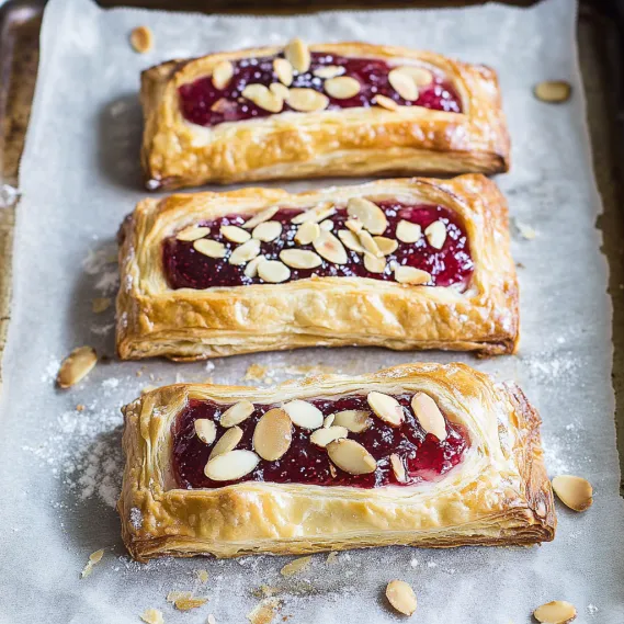Three tarts with jelly and almonds.