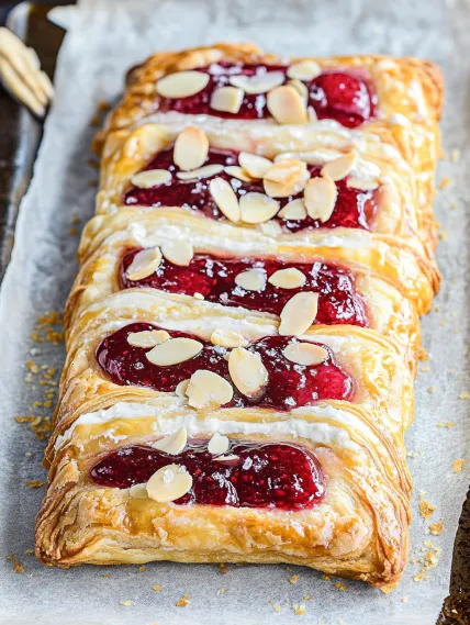 A pastry with almonds and strawberries.