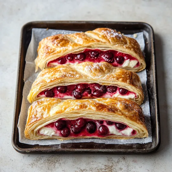 Three pastry rolls with berries on top.