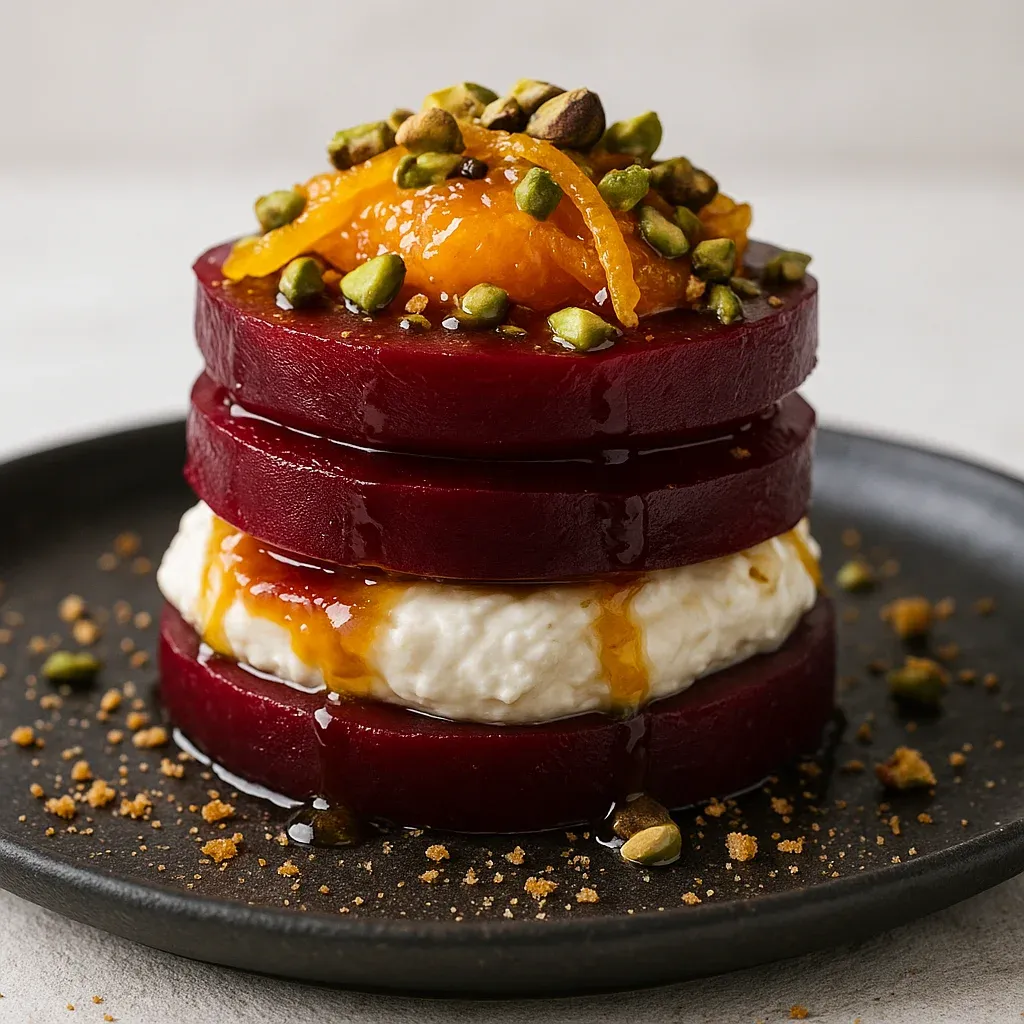 Layers of golden beet slices, burrata, and orange zest neatly stacked.