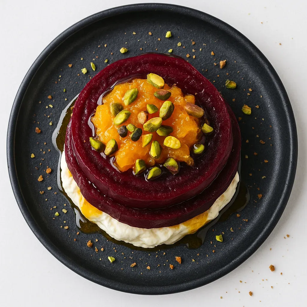 A plate of food with a slice of orange on top.