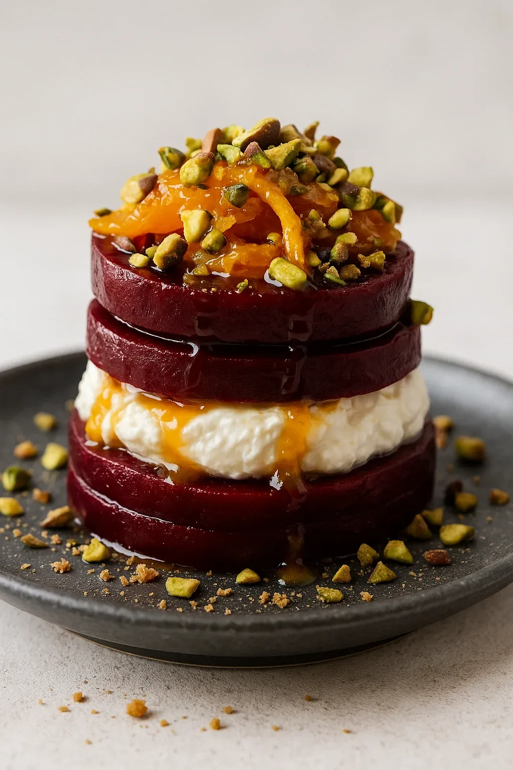 A stack of beets with a drizzle of honey.