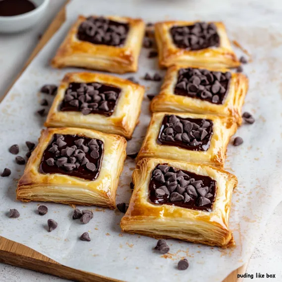 Golden pastries topped with chocolate.