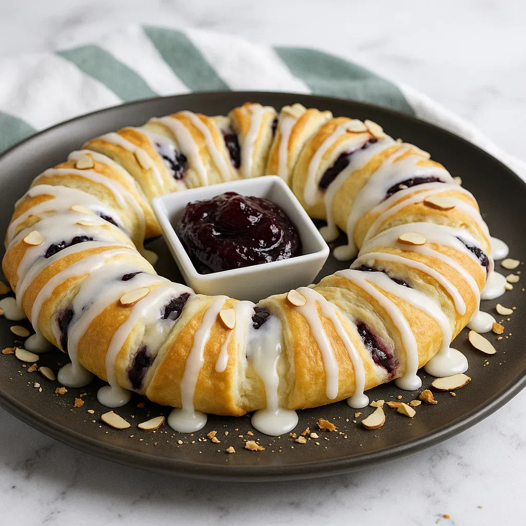 A yummy crescent pastry ring with raspberry filling and frosting.