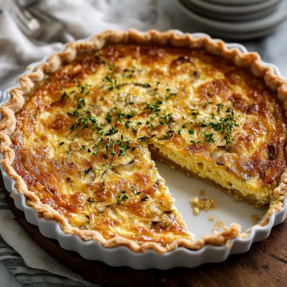 A plated slice of quiche ready to enjoy.