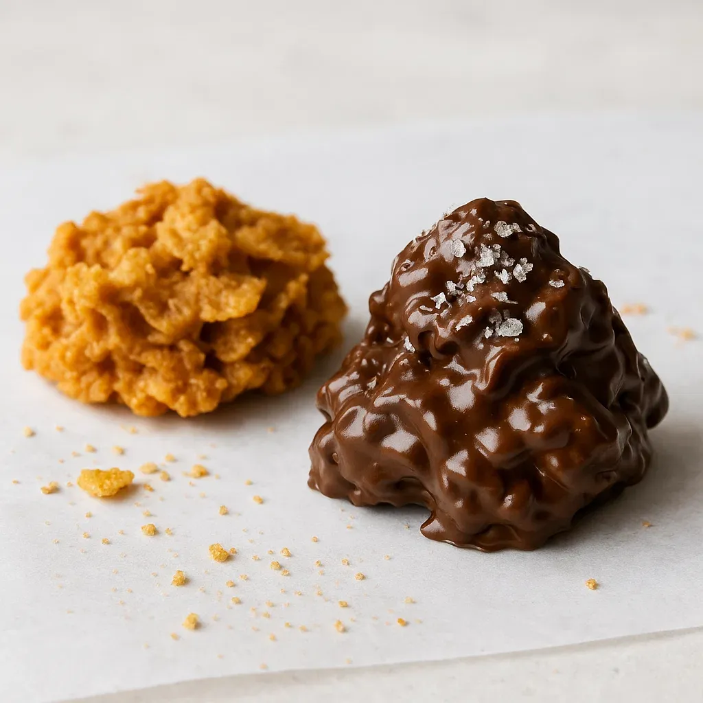 Two chocolate-covered candies resting on a counter.