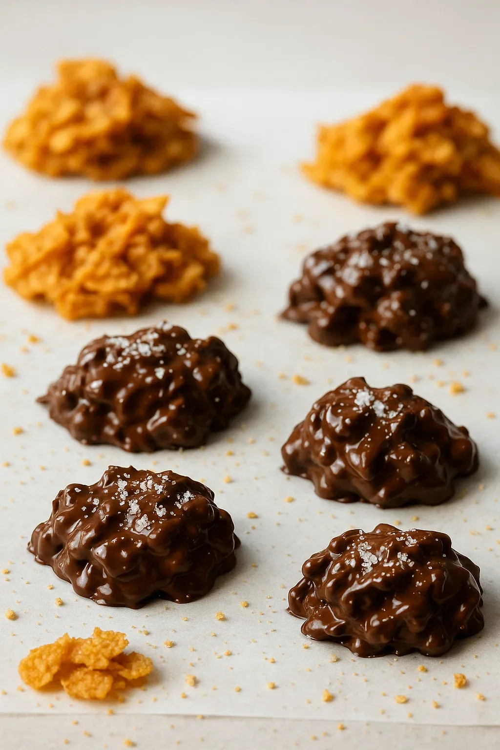 Chocolate covered raisins on a white surface.