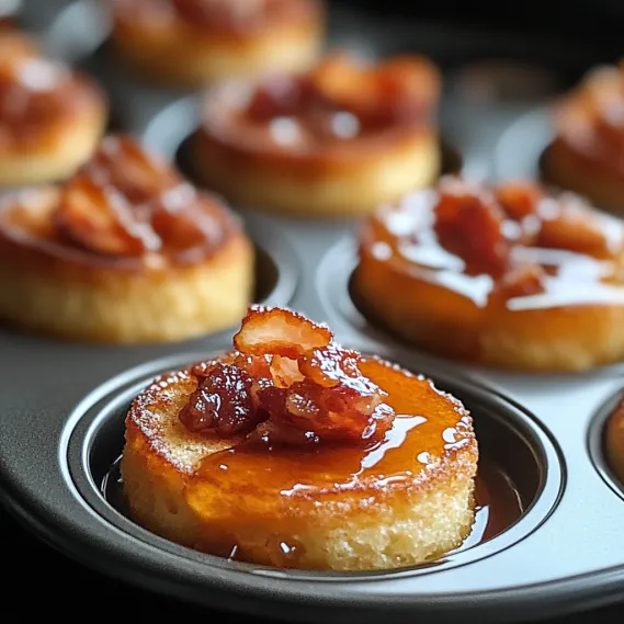 Mini pancake topped with crispy bacon.