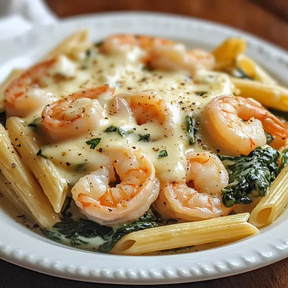 Shrimp and pasta on a plate.