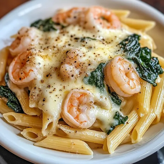 A bowl of shrimp and spinach.