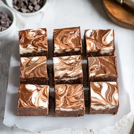 Brownie squares topped with white frosting.