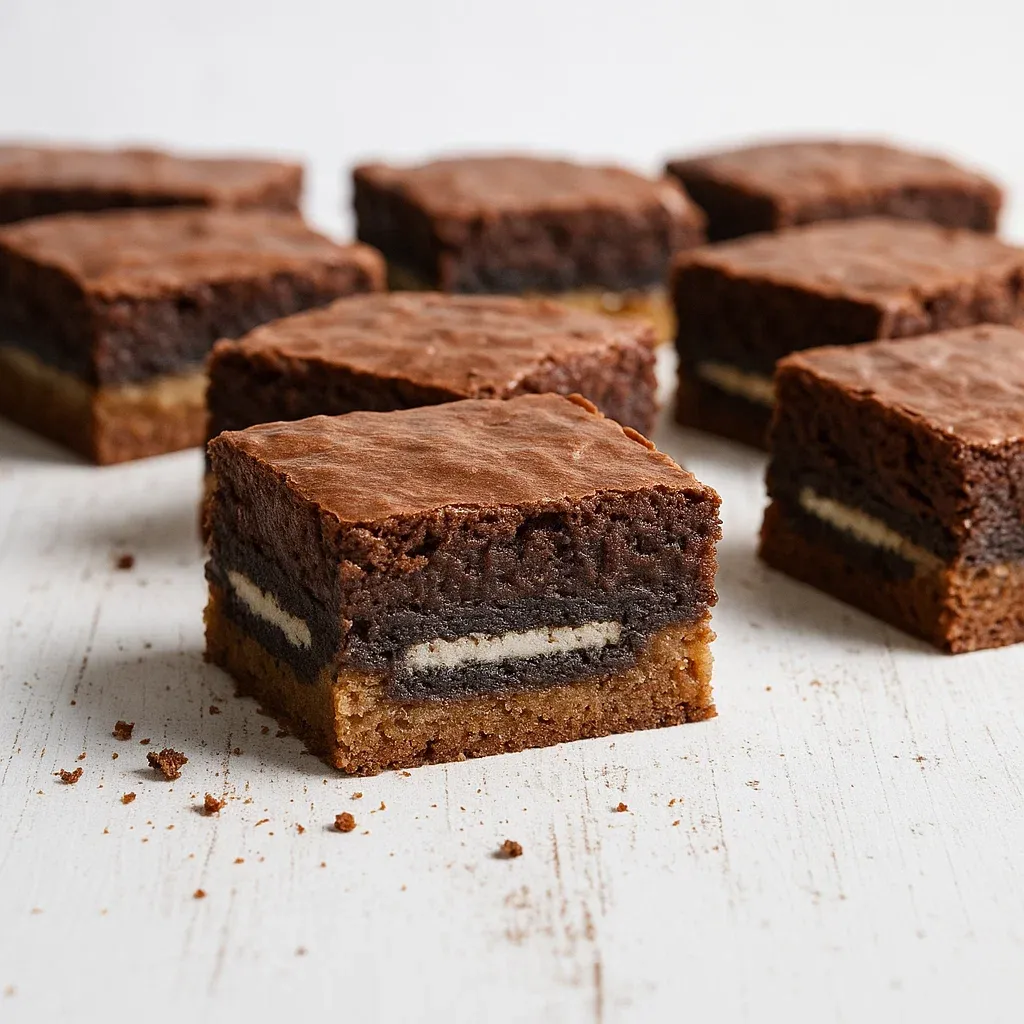A plate stacked with rich chocolatey brownies layered with cookies.