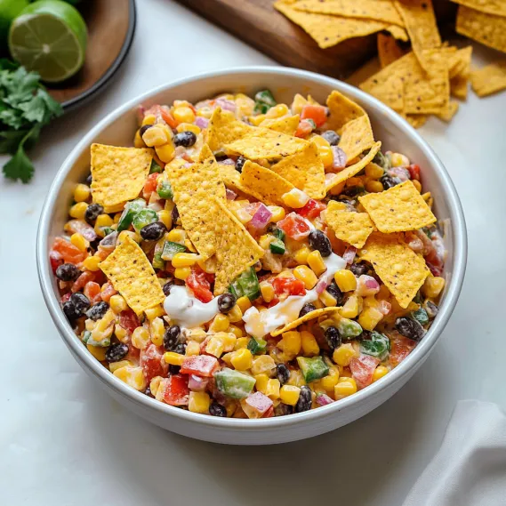 A bowl of chips mixed with corn and veggies.