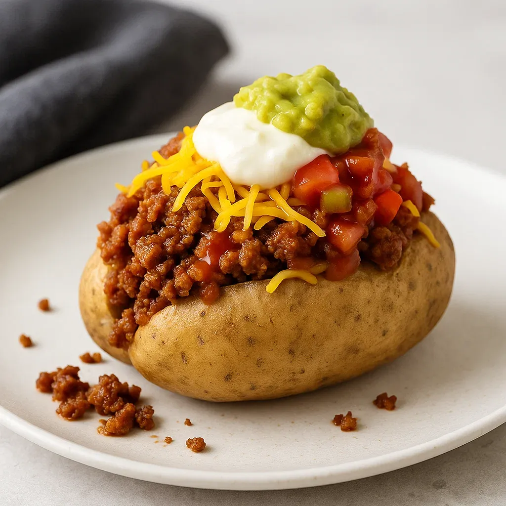 A loaded baked potato topped with beef and cheese.