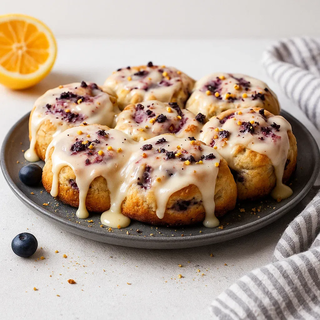 Fluffy biscuits with blueberries and white drizzle on a plate.